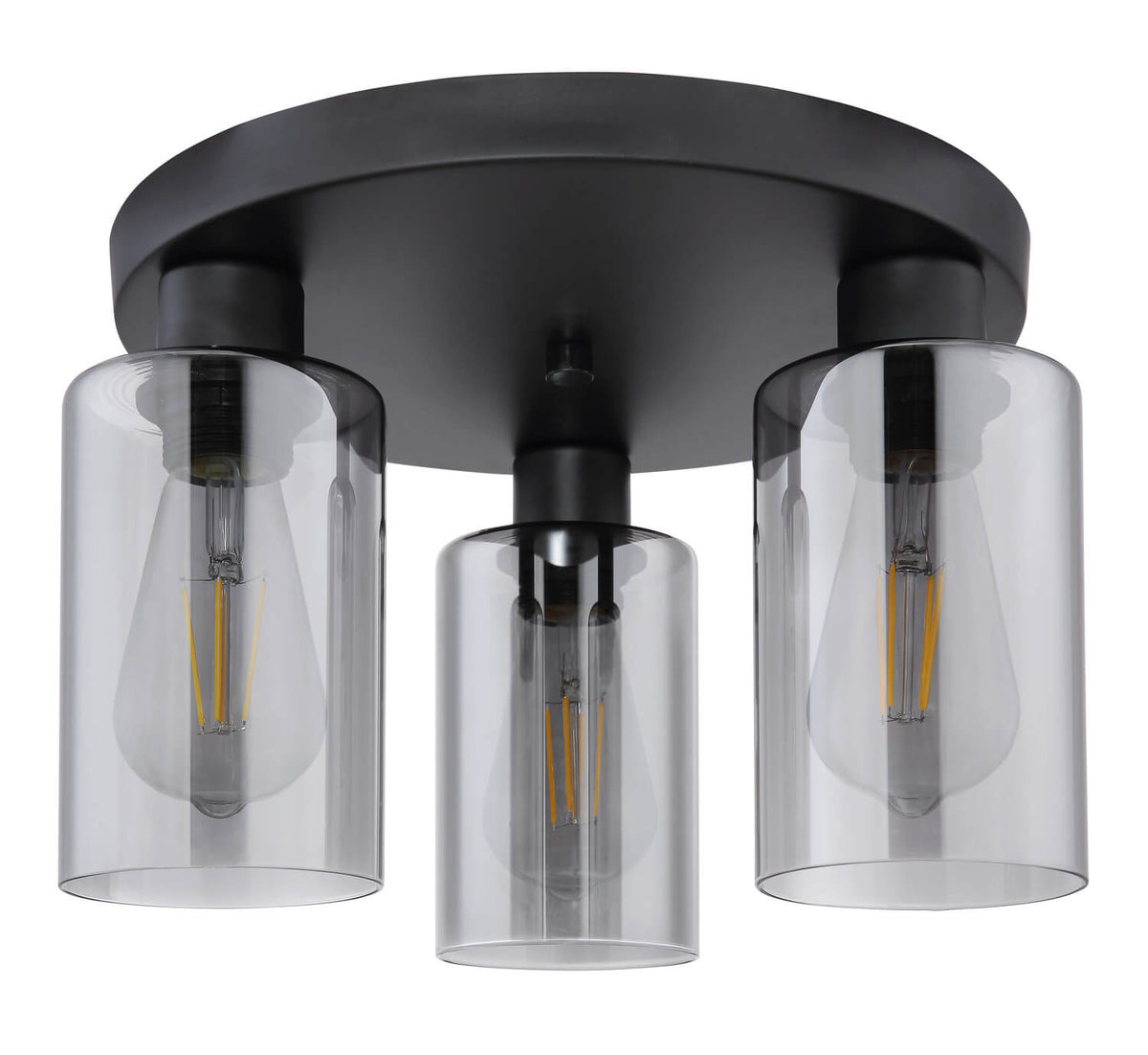 Vue de face du plafonnier, ampoules éteintes, verre transparent et structure noire