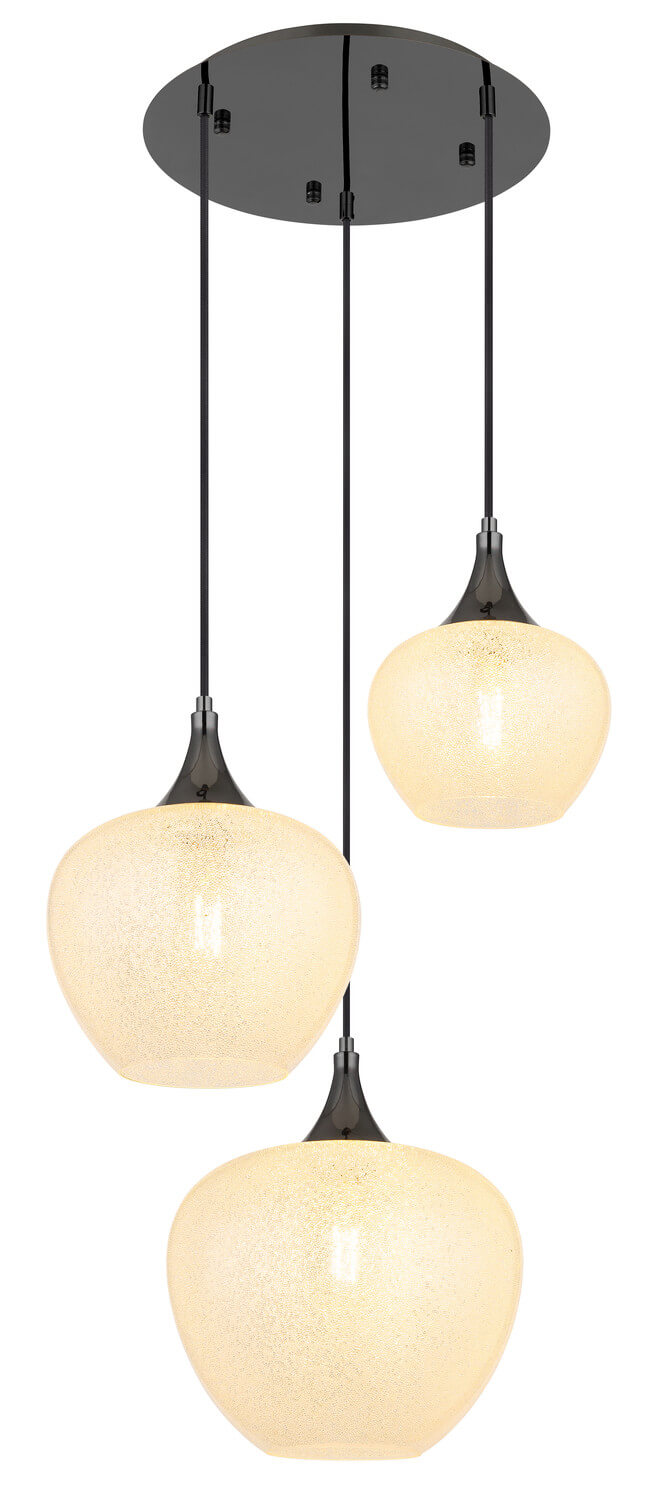 Trois globes suspendus à hauteurs décalées, verre clair et câbles noirs verticaux