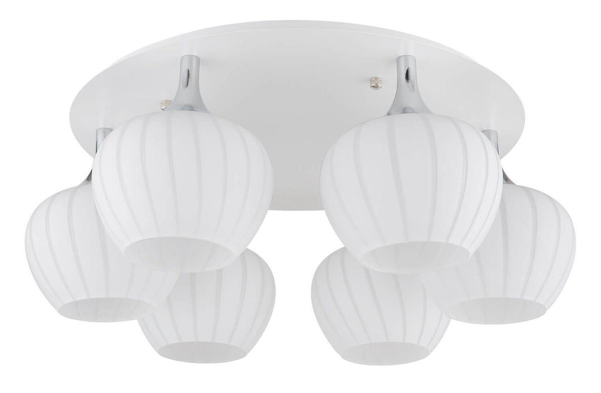 Vue de dessous éteinte montrant les six diffuseurs blancs et la platine ronde