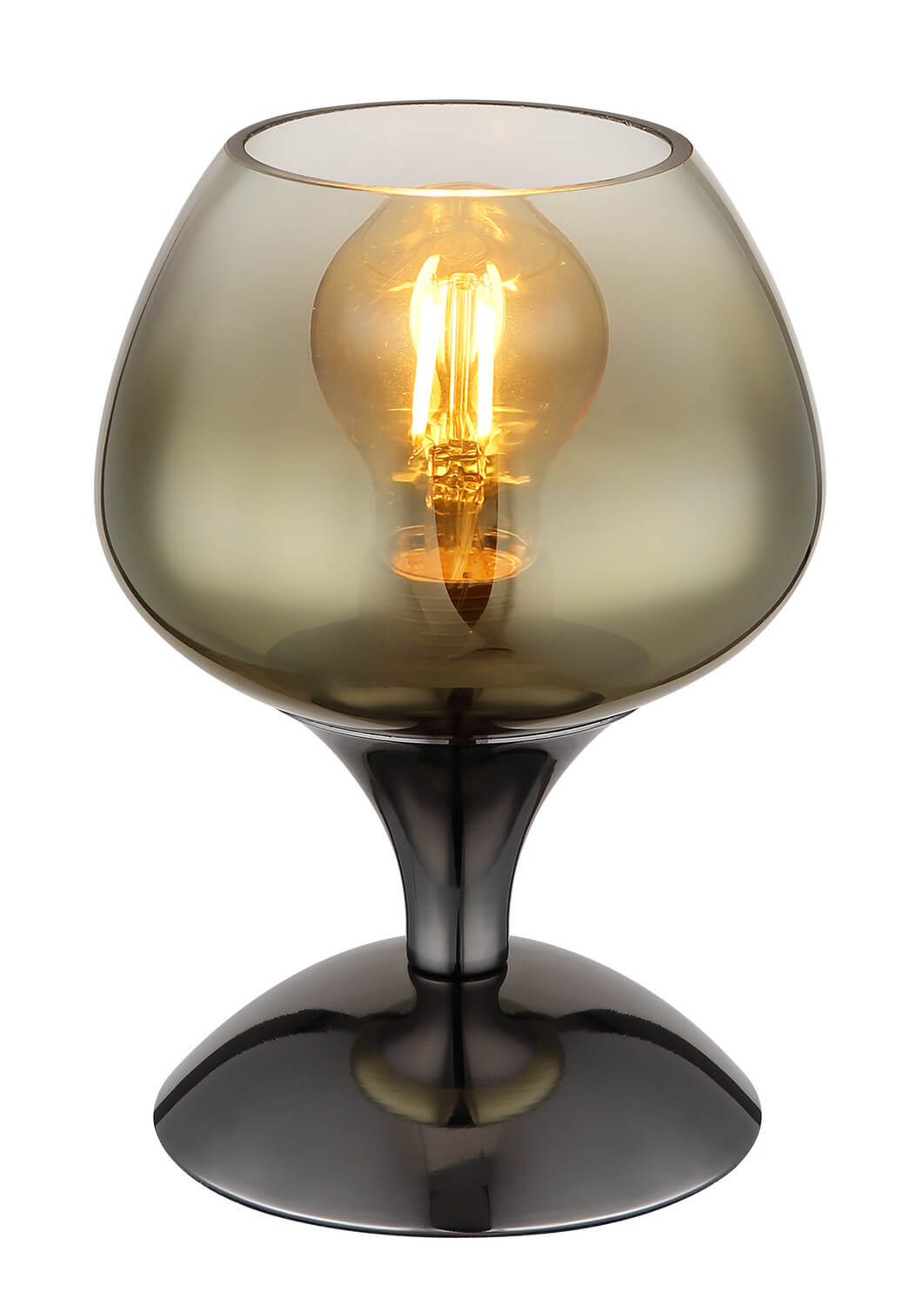 Vue rapprochée du luminaire montrant le verre fumé et la base chromée noire