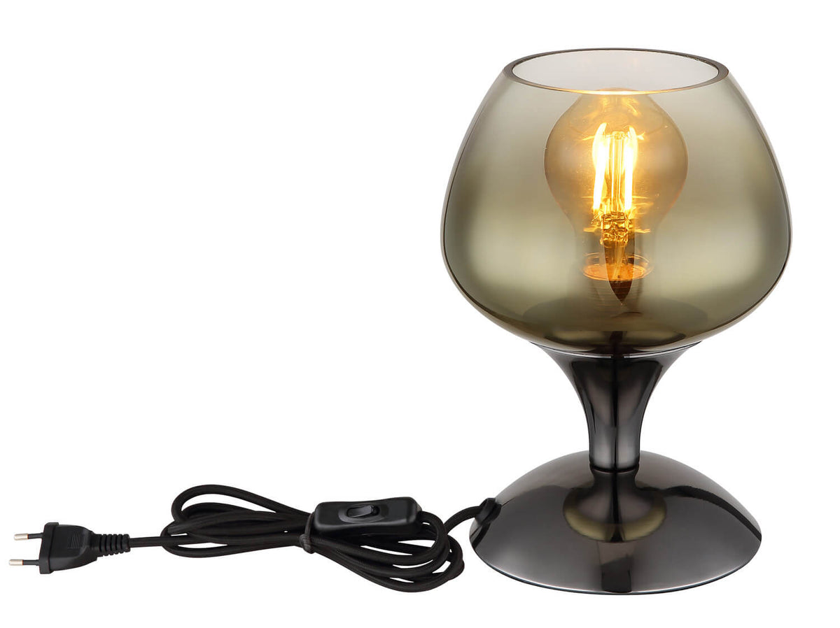 Vue du luminaire avec son câble d'alimentation noir, sa fiche et son interrupteur
