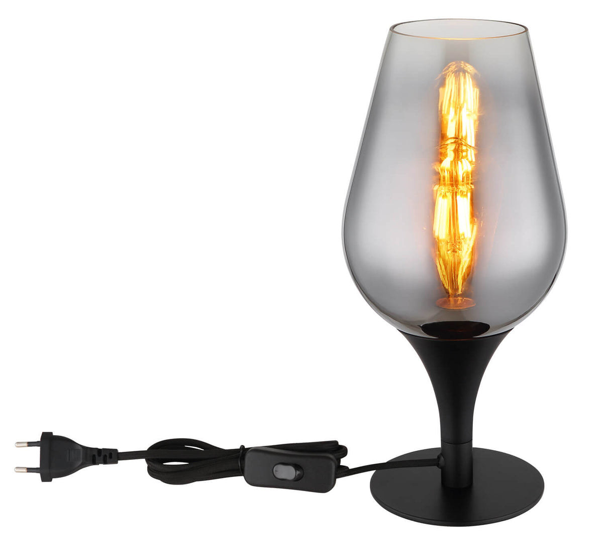 Lampe à poser noire avec câble d'alimentation, prise et interrupteur sur le cordon.