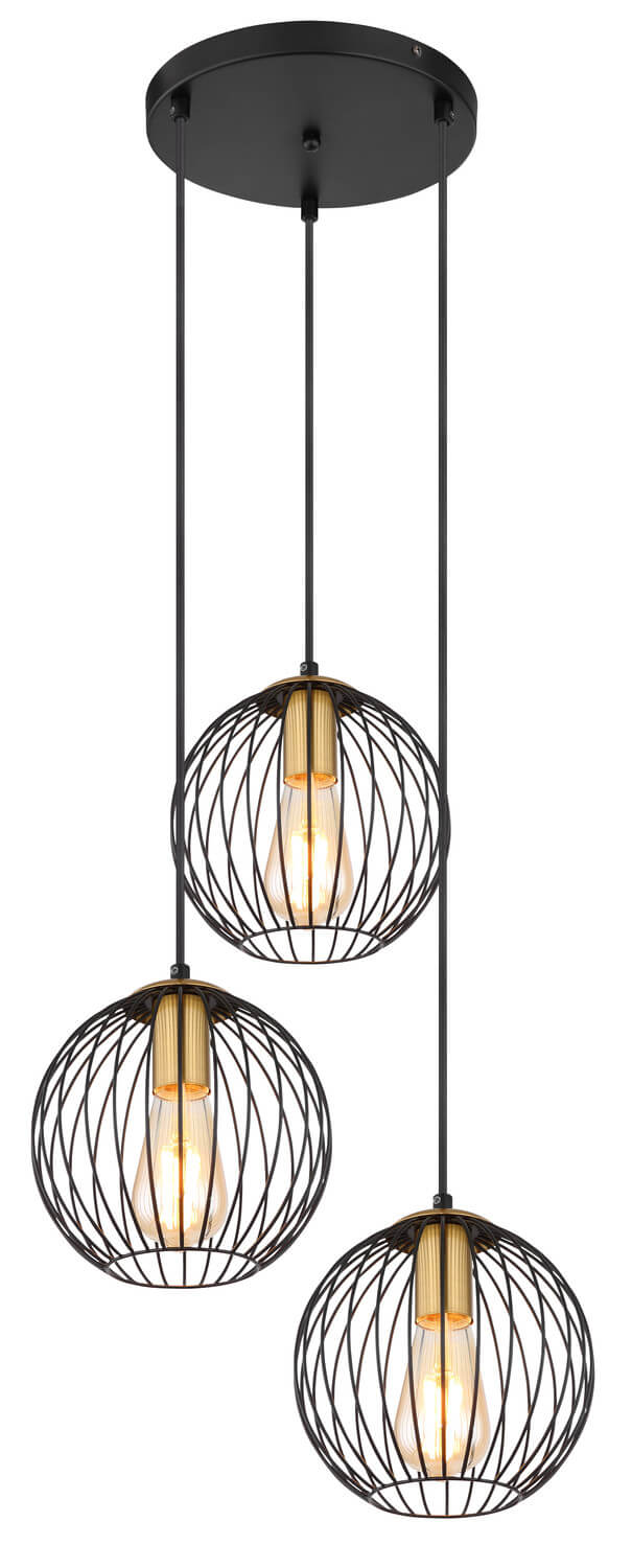 Vue d'ensemble du luminaire suspendu avec ses trois cages sphériques et câbles noirs.