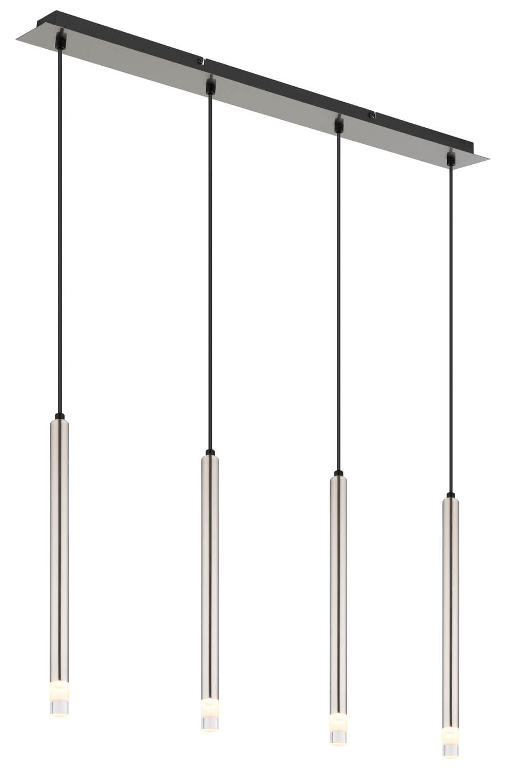 Vue de face du luminaire avec ses quatre tubes cylindriques suspendus sous un support allongé