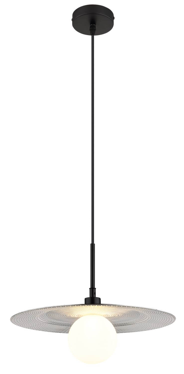 Vue entière du luminaire montrant la rosace, le câble et la sphère lumineuse