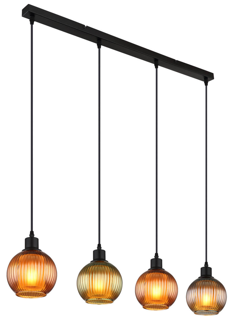 Seconde vue produit du luminaire avec quatre globes en verre strié et câbles noirs.