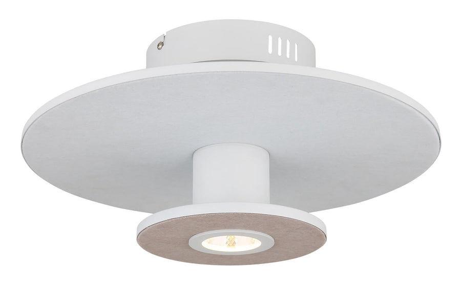Détail rapproché du bas du luminaire avec sa bague beige et sa source allumée