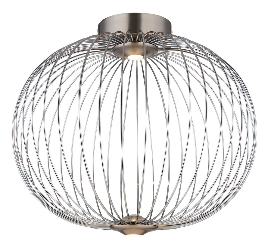 Vue rapprochée du plafonnier allumé, mettant en valeur la cage sphérique en métal.