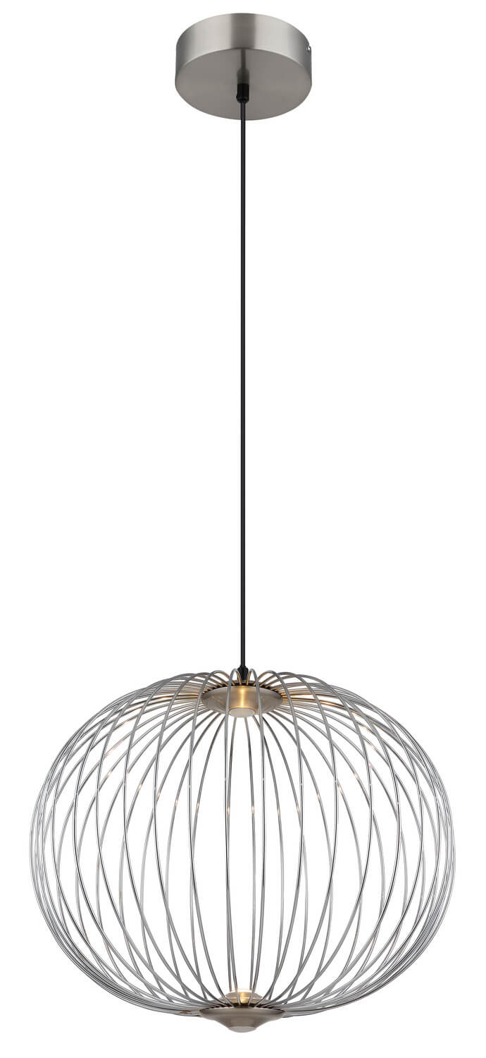 Vue d'ensemble du luminaire suspendu, câble tendu et ampoule allumée au centre