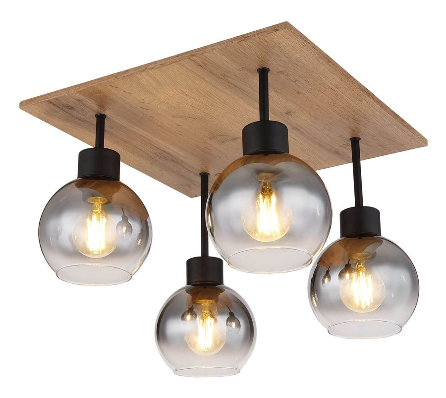 Vue de face du plafonnier à quatre globes en verre transparent et base en bois clair.