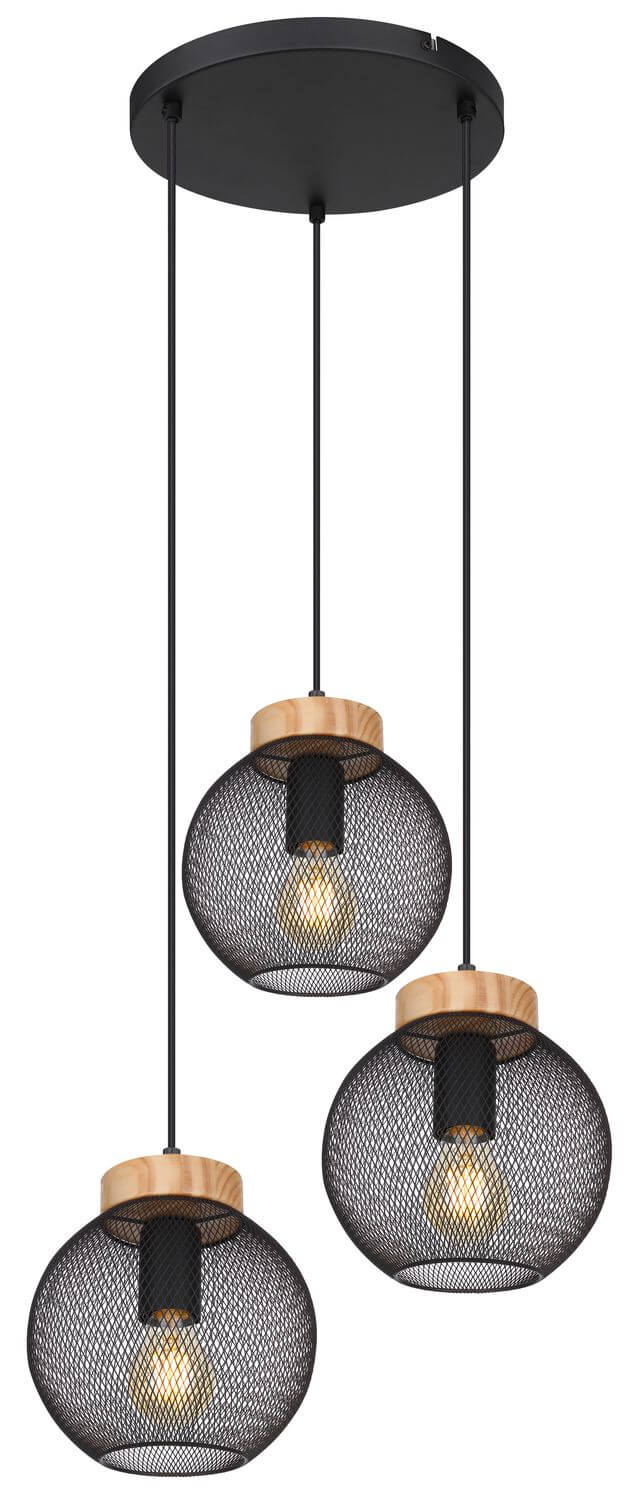 Vue de face du luminaire avec ses trois abat-jours suspendus à hauteurs différentes