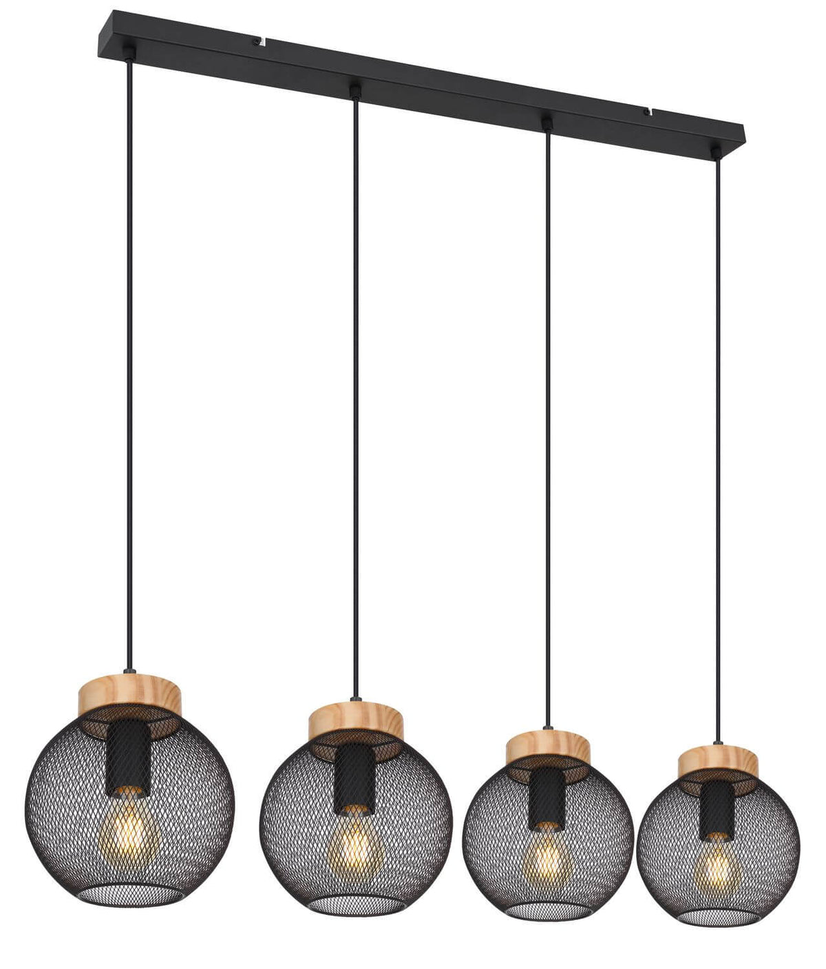 Suspension quatre globes noirs en grille métallique sous une longue barre rectangulaire