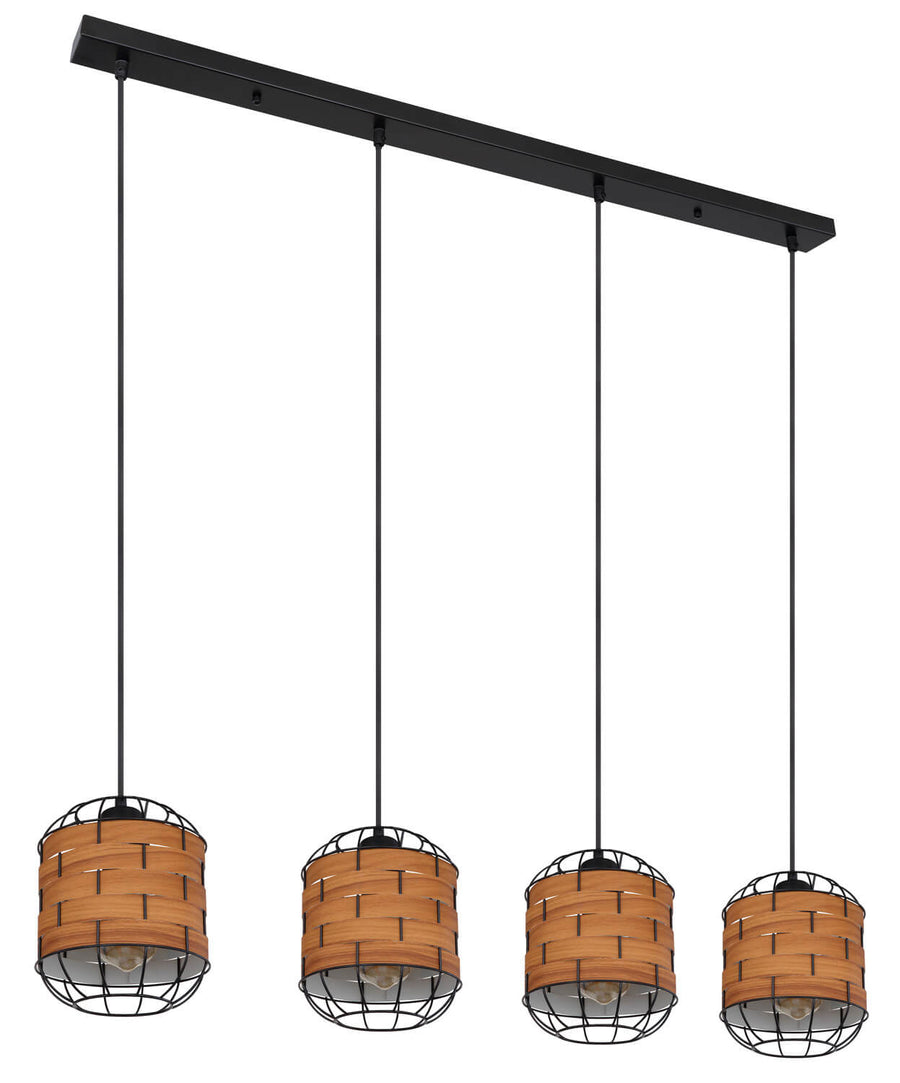 Vue d'ensemble de la suspension éteinte, montrant les quatre abat-jours en cage et bois naturel.
