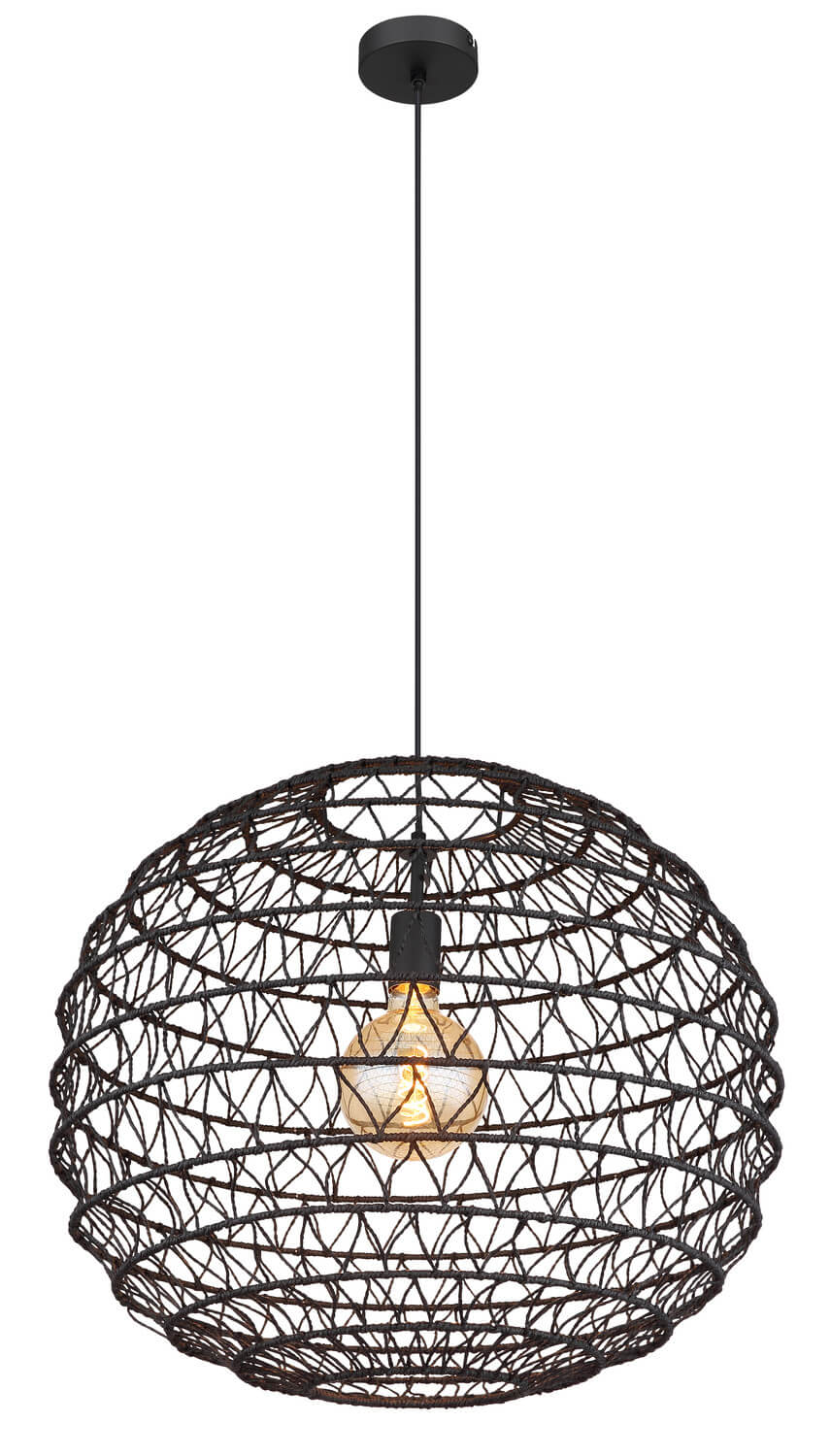 Plan large de la suspension tressée noire, câble et ampoule allumée sur fond blanc.