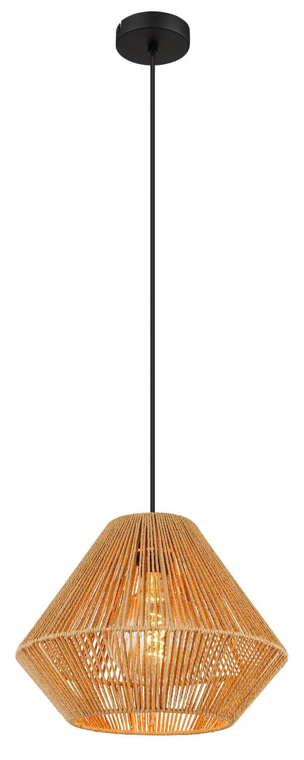 Vue d'ensemble du luminaire suspendu avec câble noir et rosace de plafond