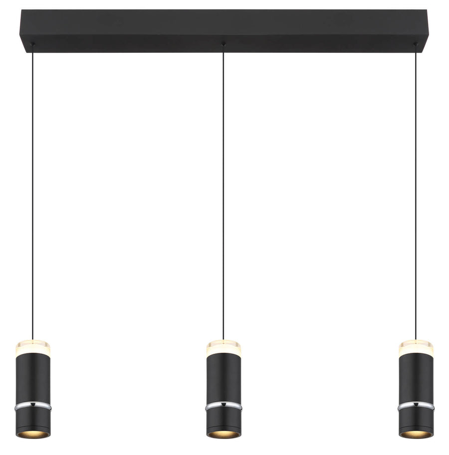 Vue de face de la suspension avec trois cylindres noirs et barre rectangulaire.