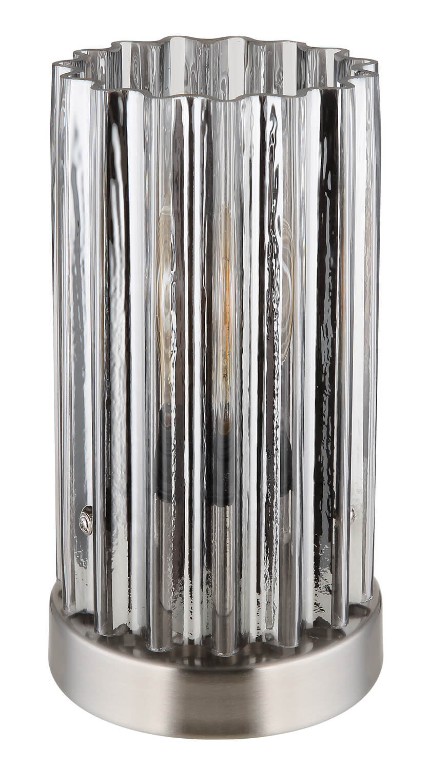 Vue de face éteinte, verre transparent et base ronde en métal brossé