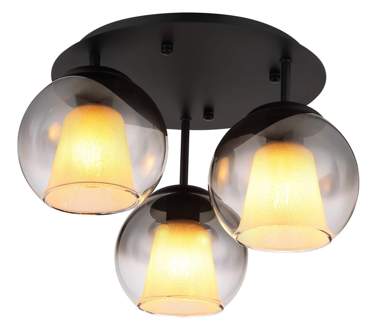 Plafonnier allumé à trois globes en verre fumé et diffuseurs dorés, vue de face