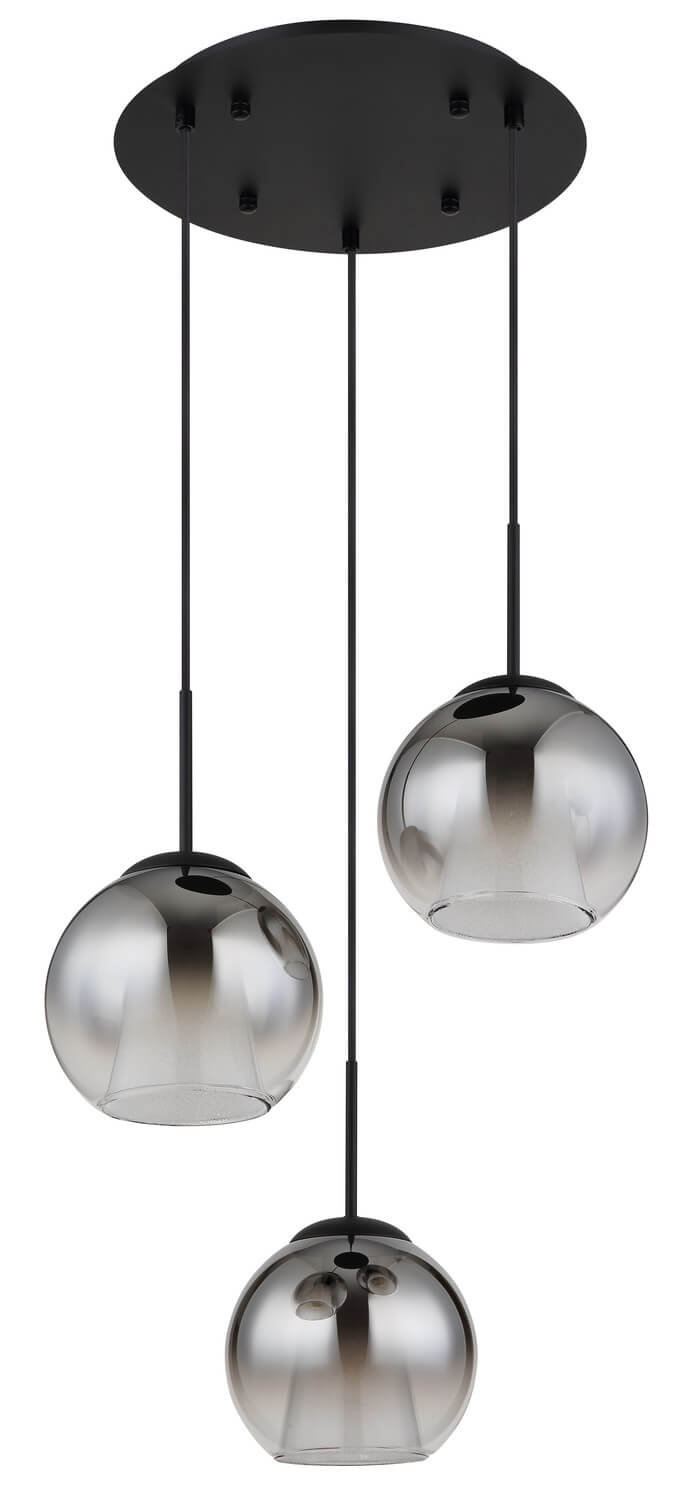 Suspension éteinte, trois globes en verre fumé et structure noire sur fond blanc.