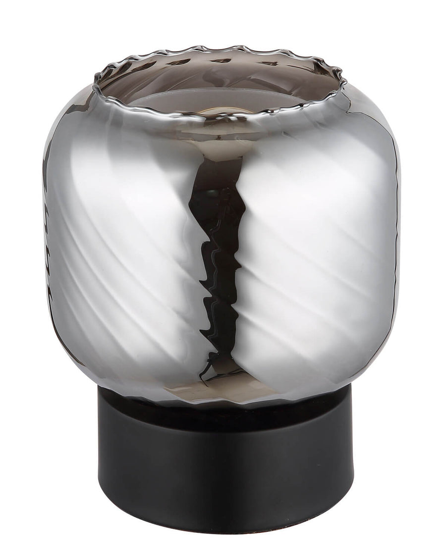 Détail du verre fumé et de la base cylindrique noire mate, éteint