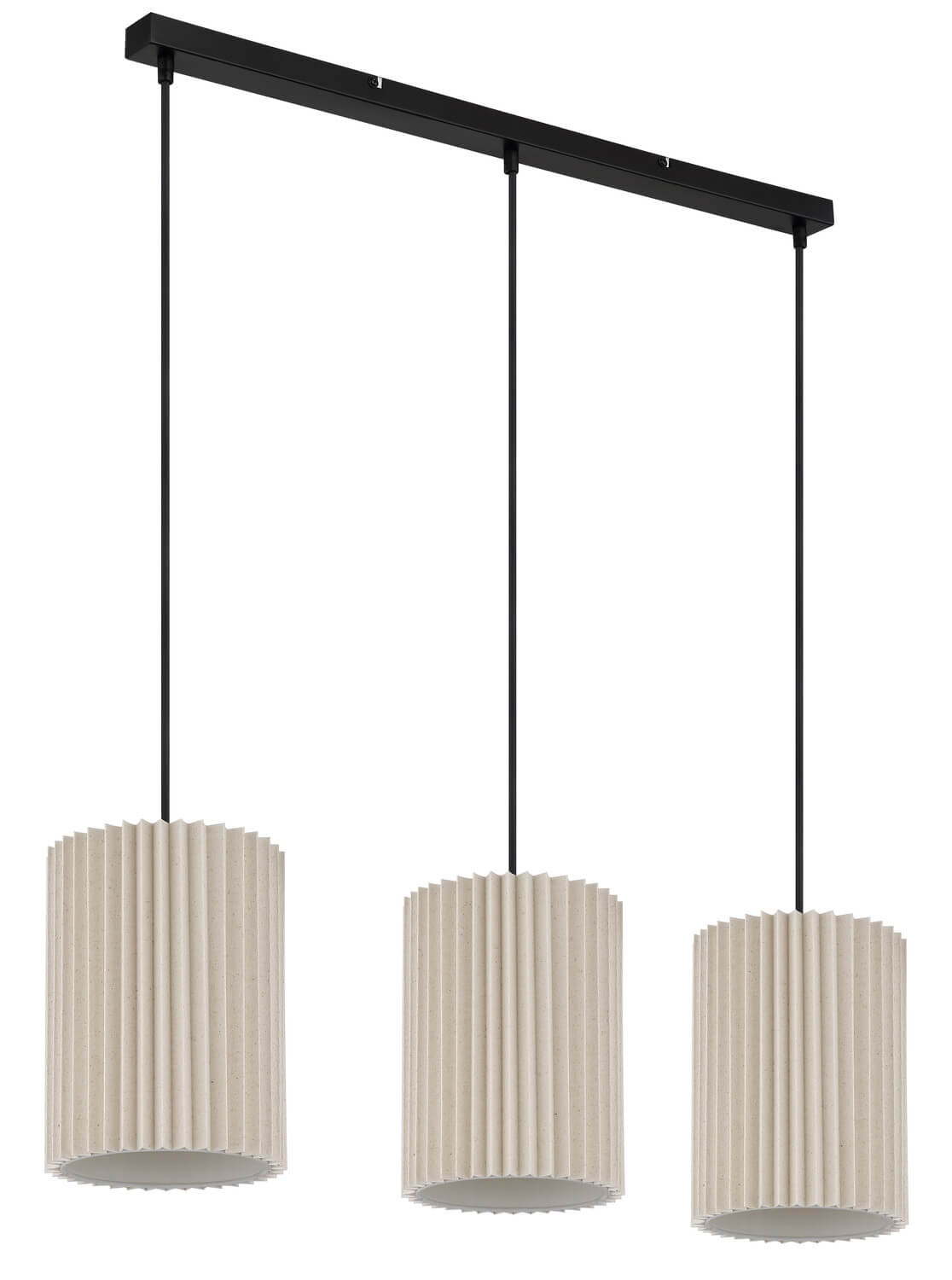 Produit éteint sur fond blanc, abat-jours plissés beige et structure métallique noire