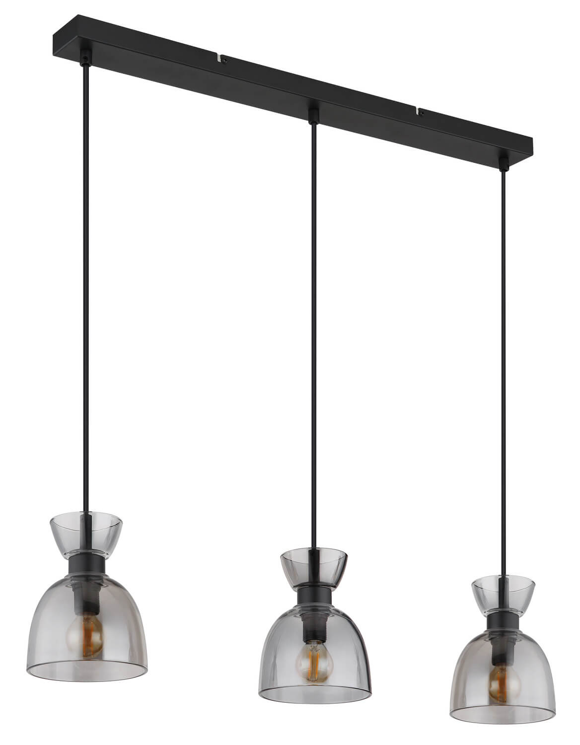 Luminaire présenté de trois-quarts, verres fumés en cloche et structure noire