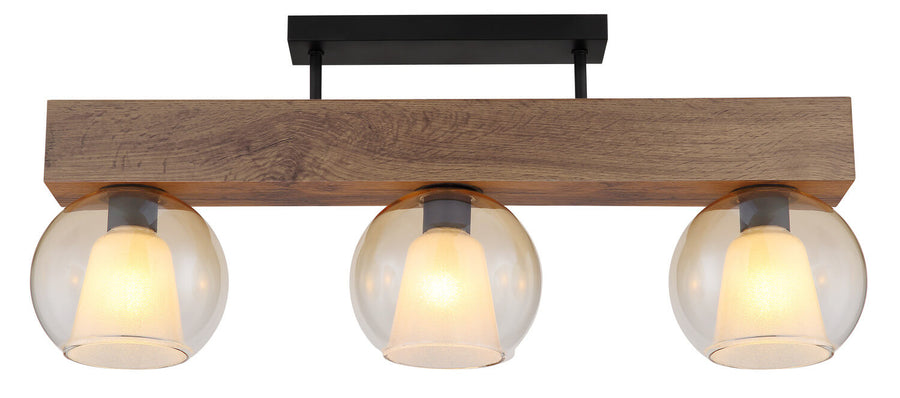 Vue de trois quarts du plafonnier, poutre en bois et tiges de fixation