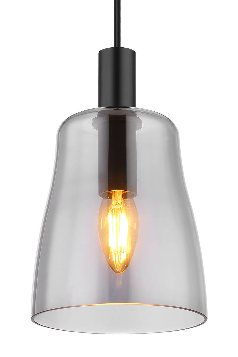 Gros plan sur l'abat-jour en verre transparent et la douille noire avec ampoule allumée.