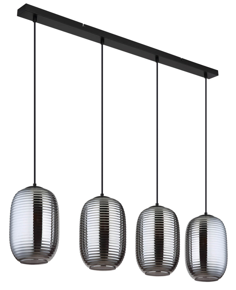 Vue de trois quarts du luminaire éteint, verre transparent laissant voir la structure