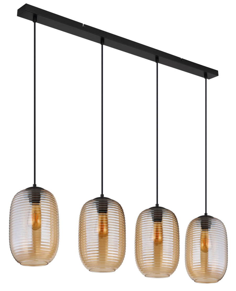 Vue de trois quarts du luminaire, abat-jours en verre cannelé et câbles noirs