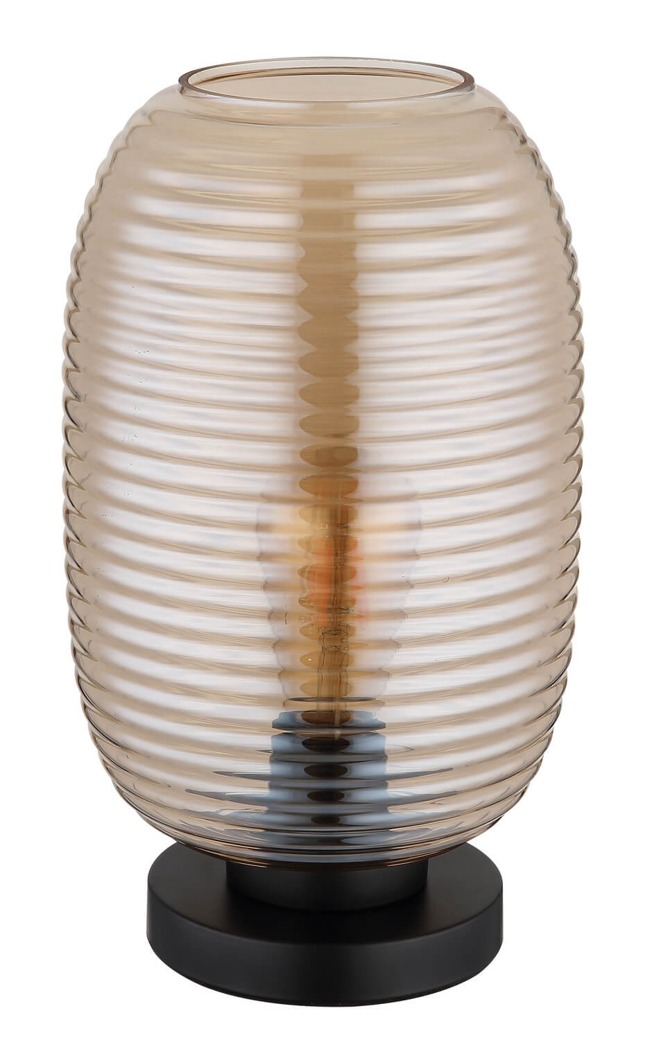 Détail du pied cylindrique noir et du verre éteint aux reflets orangés sur les stries