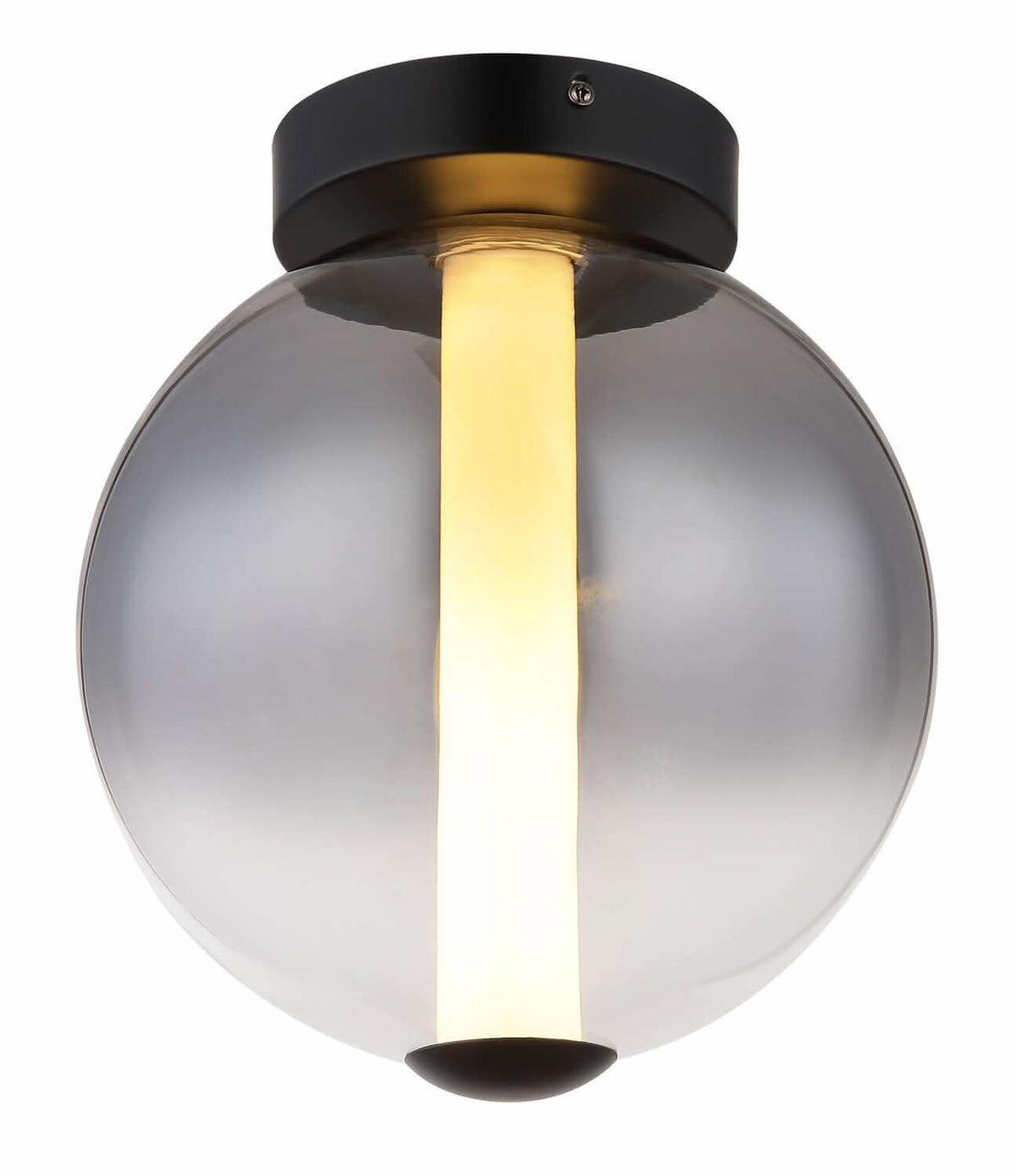 Gros plan sur le plafonnier noir avec globe en verre fumé et source LED verticale.