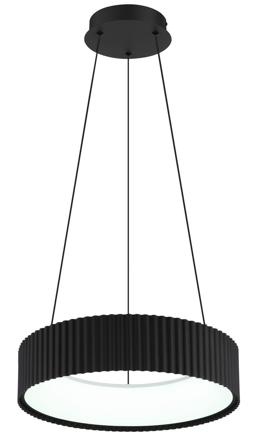 Vue latérale du luminaire montrant le cylindre cannelé et la lumière blanche