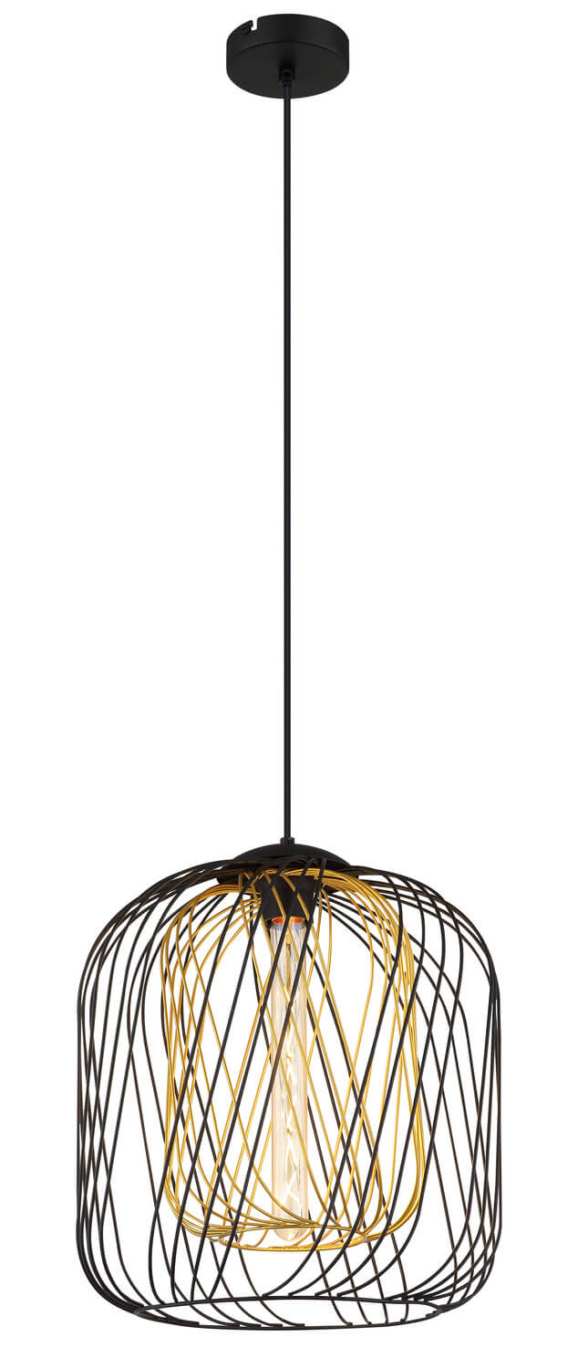 Vue d'ensemble du luminaire suspendu, câble noir et abat-jour cage arrondi.