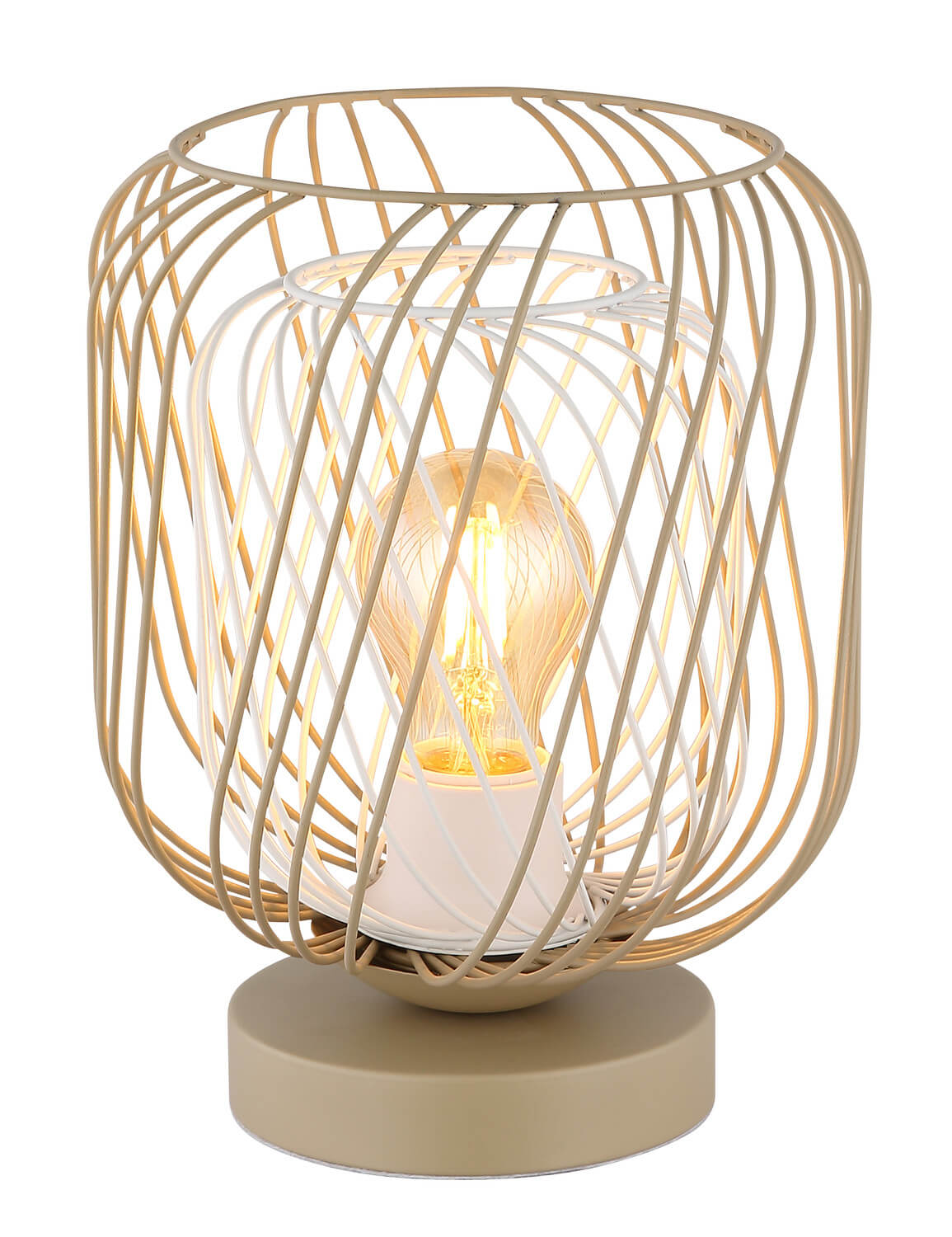 Lampe à poser allumée, cage métallique beige et blanche, ampoule Edison visible de face
