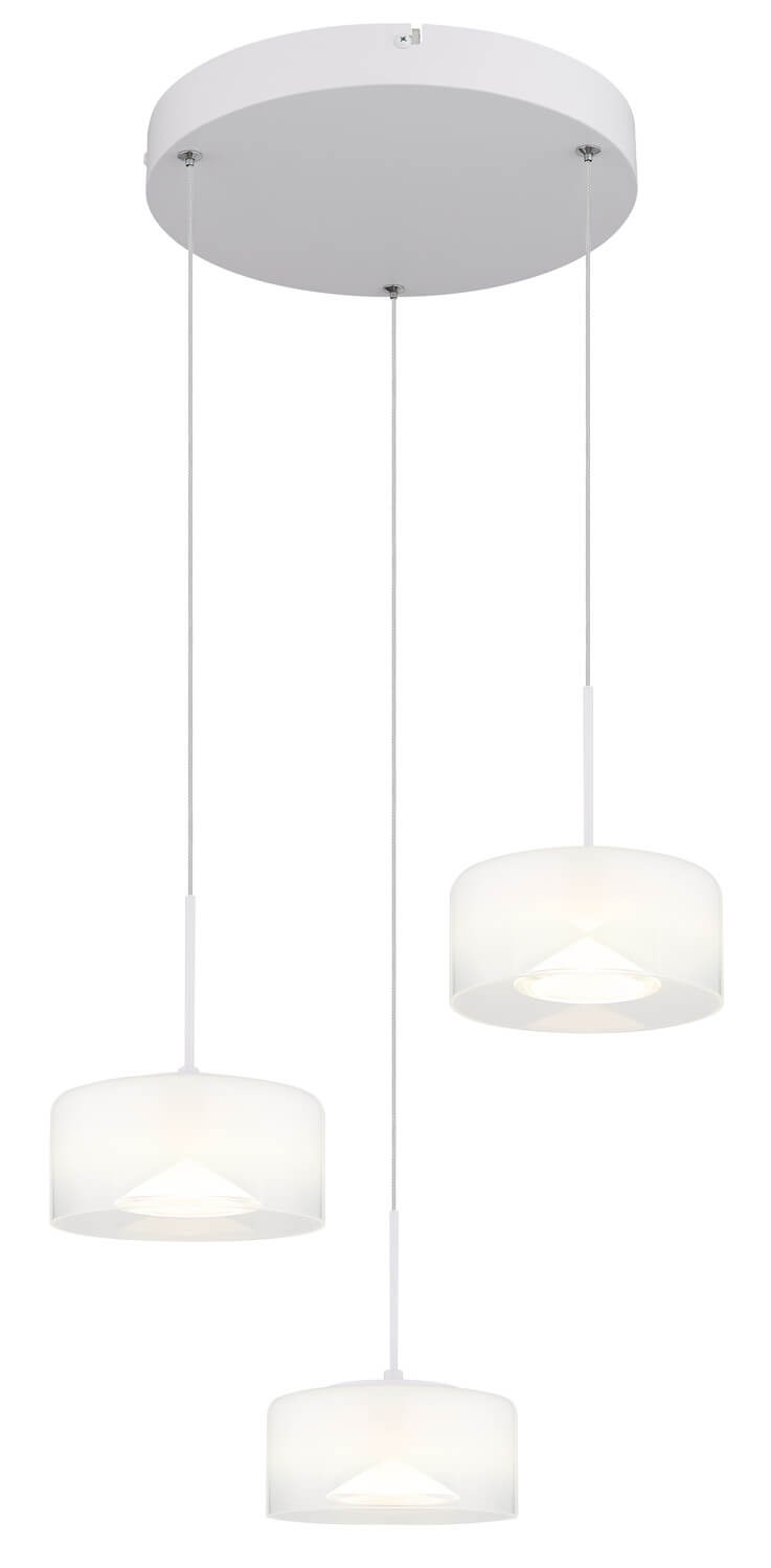 Suspension complète de face sur fond blanc, trois diffuseurs cylindriques suspendus à hauteurs différentes