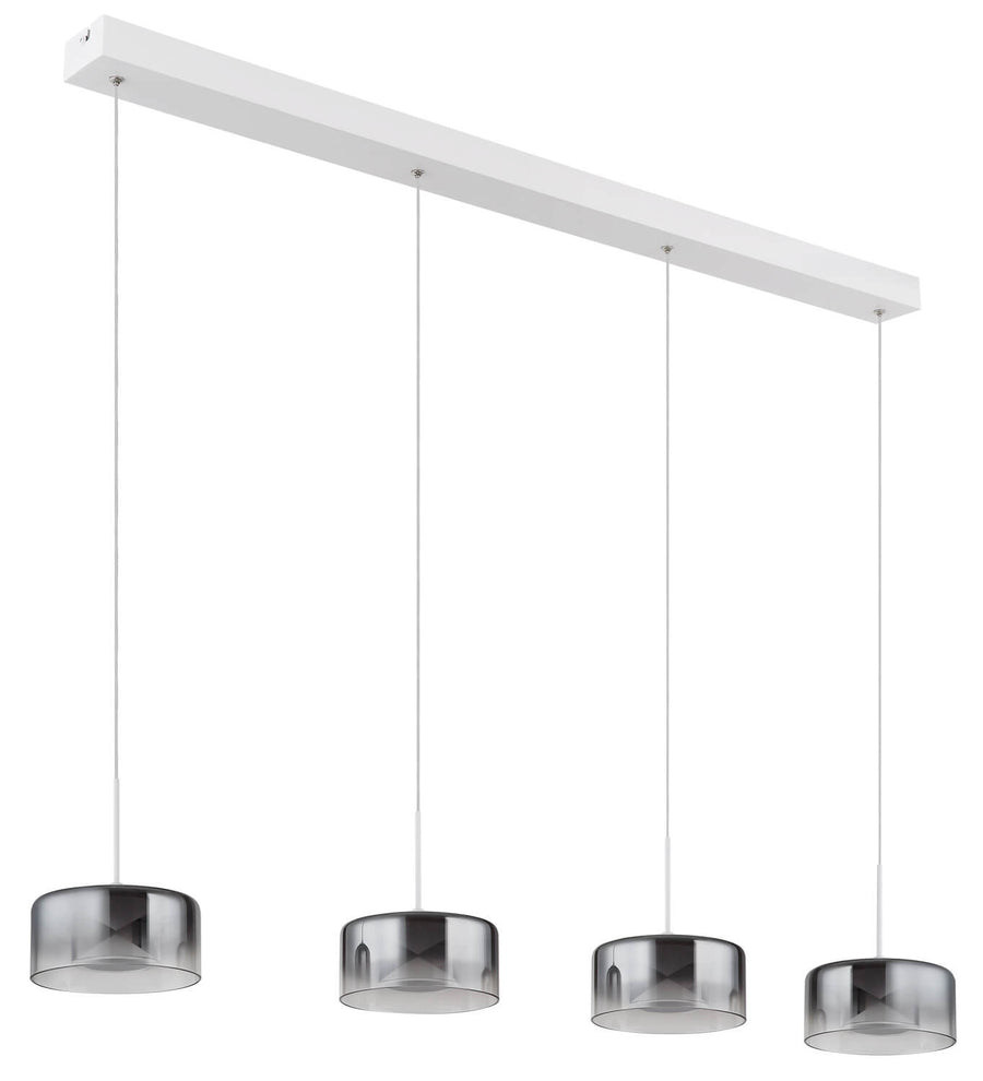 Vue de trois quarts du luminaire montrant la barre de fixation et les suspensions alignées.