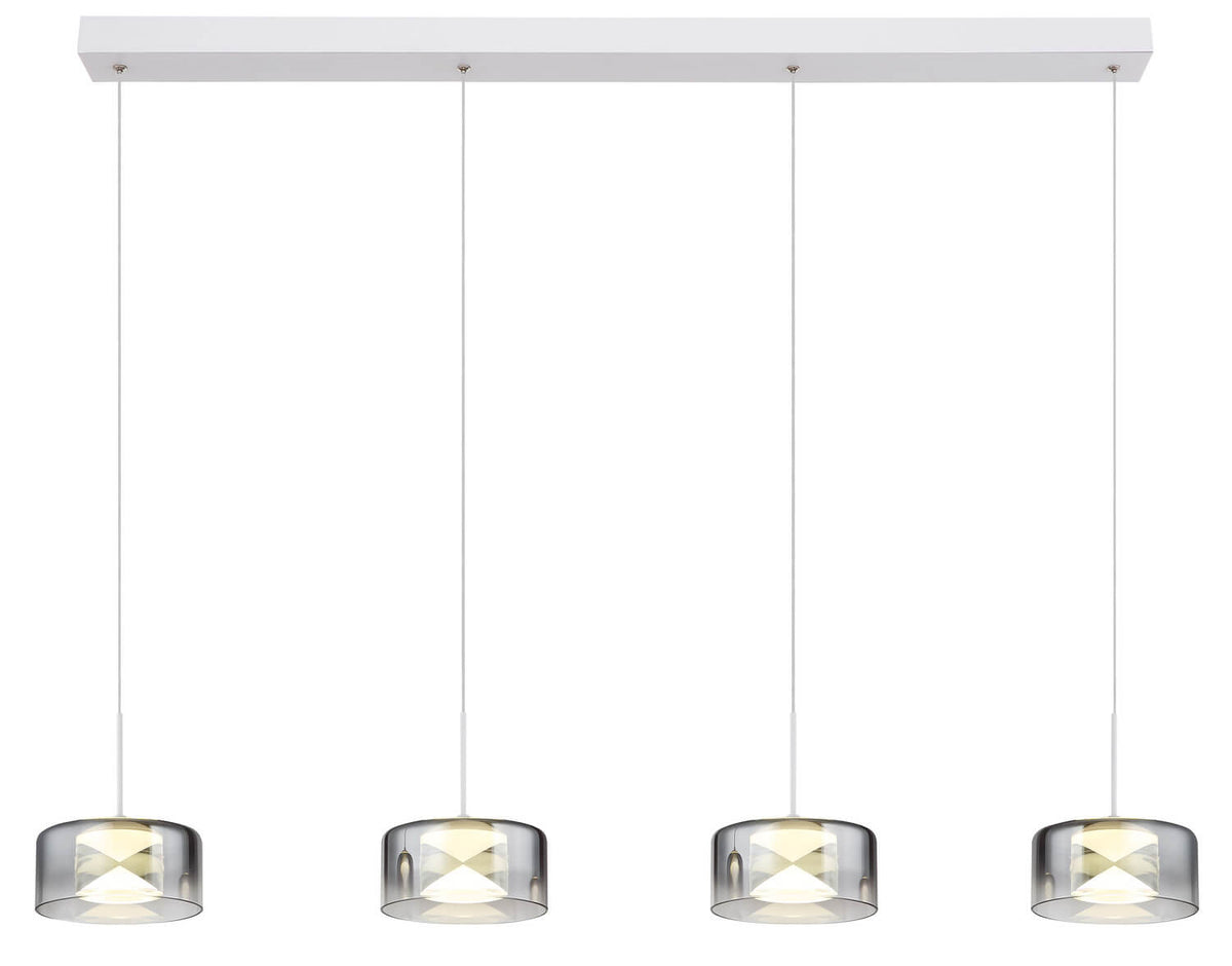 Vue de face du luminaire suspendu avec ses quatre diffuseurs ronds alignés.