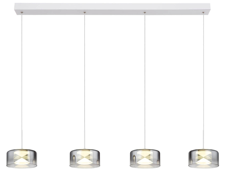 Vue de face du luminaire suspendu avec ses quatre diffuseurs ronds alignés.
