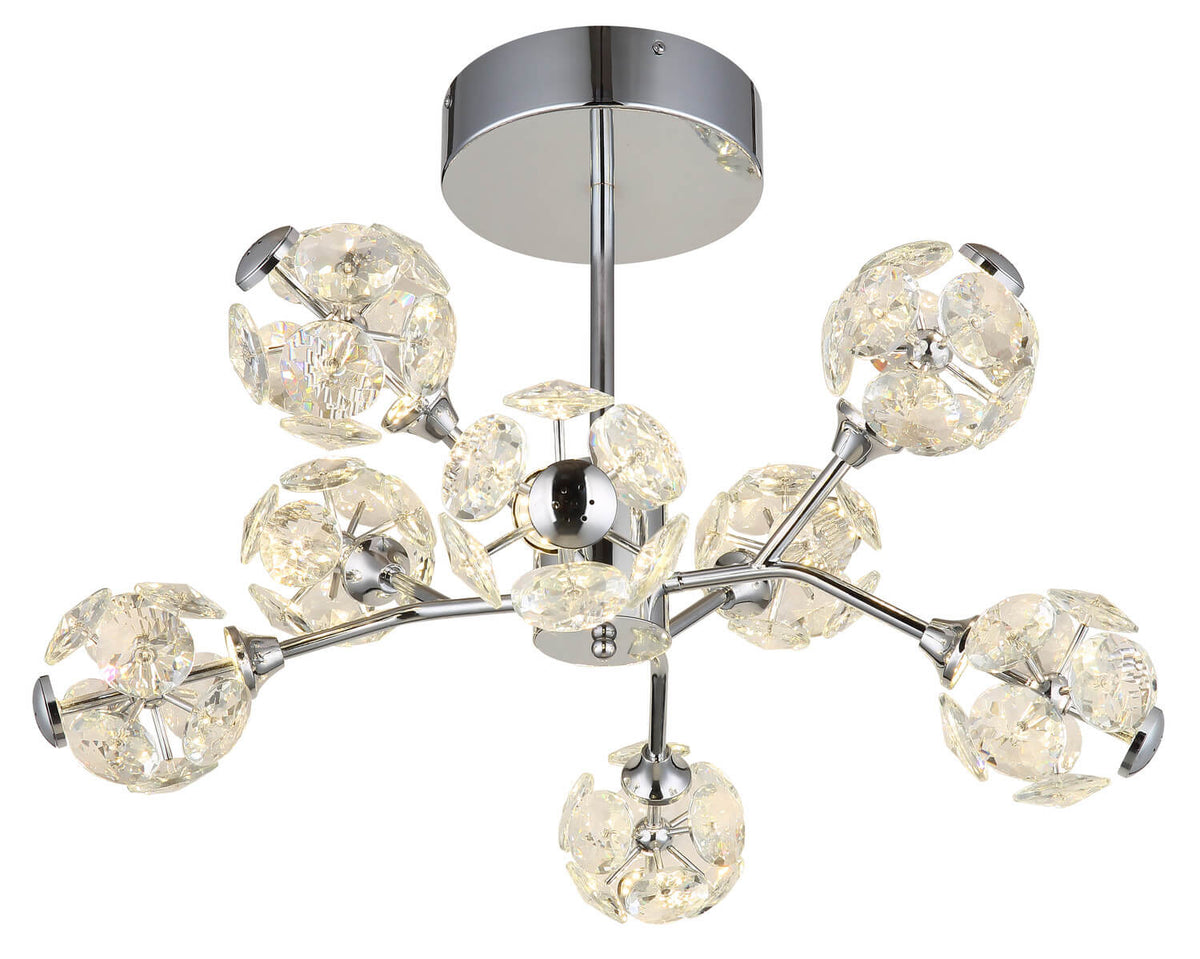 Plafonnier chromé à bras multiples et globes en verre transparent, vue de face sur fond blanc.