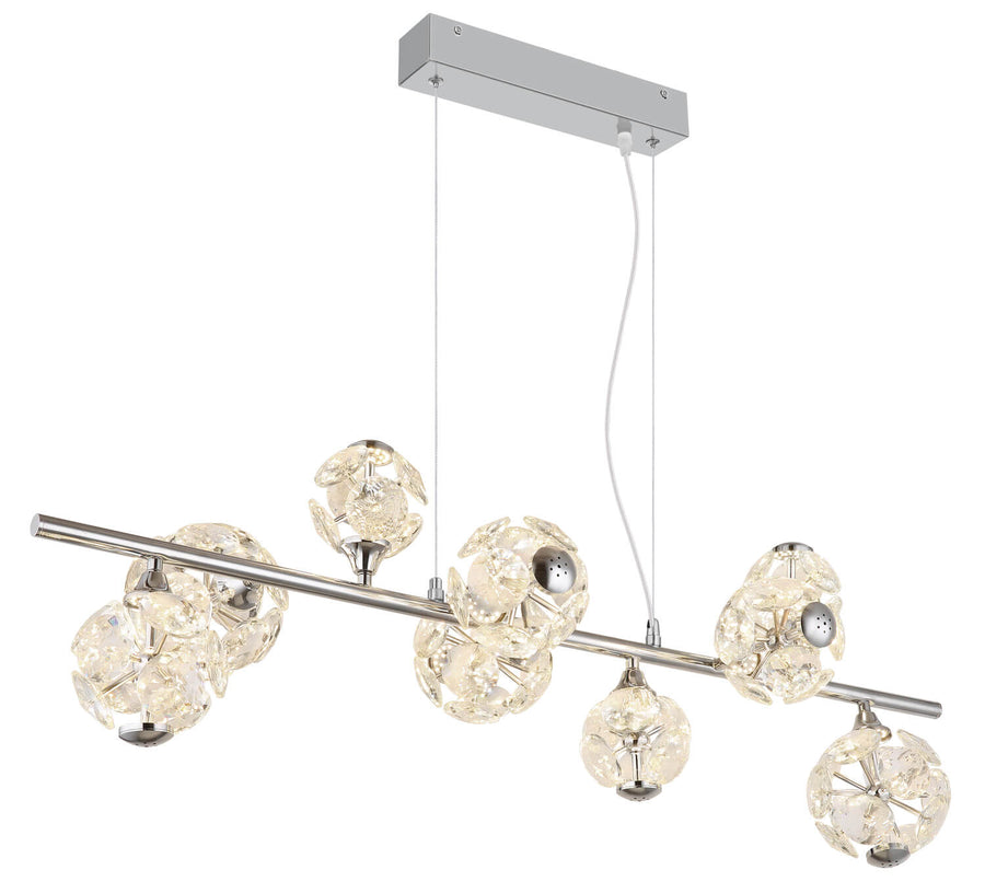 Suspension chromée avec barre horizontale et neuf globes en verre à facettes.