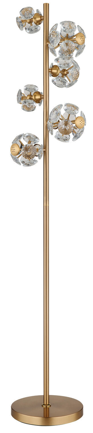 Second plan large du lampadaire doré sur fond blanc, montrant sa hauteur et ses volumes.