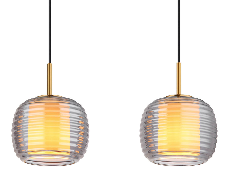 Détail rapproché de deux globes en verre strié et finition dorée des tiges