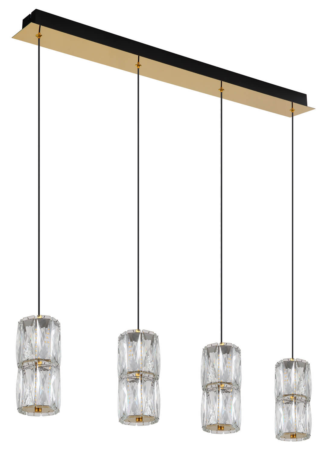 Détail des abat-jours cylindriques en verre strié et de leur monture dorée