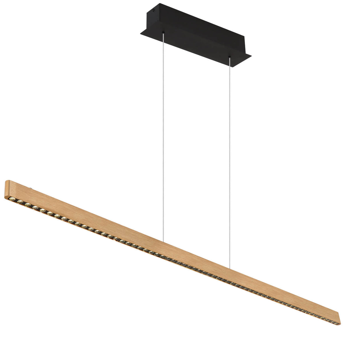 Suspension linéaire dorée vue de biais avec support plafond noir et câbles fins