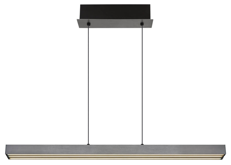 Vue de face du bandeau rectangulaire suspendu par deux câbles et son socle noir.