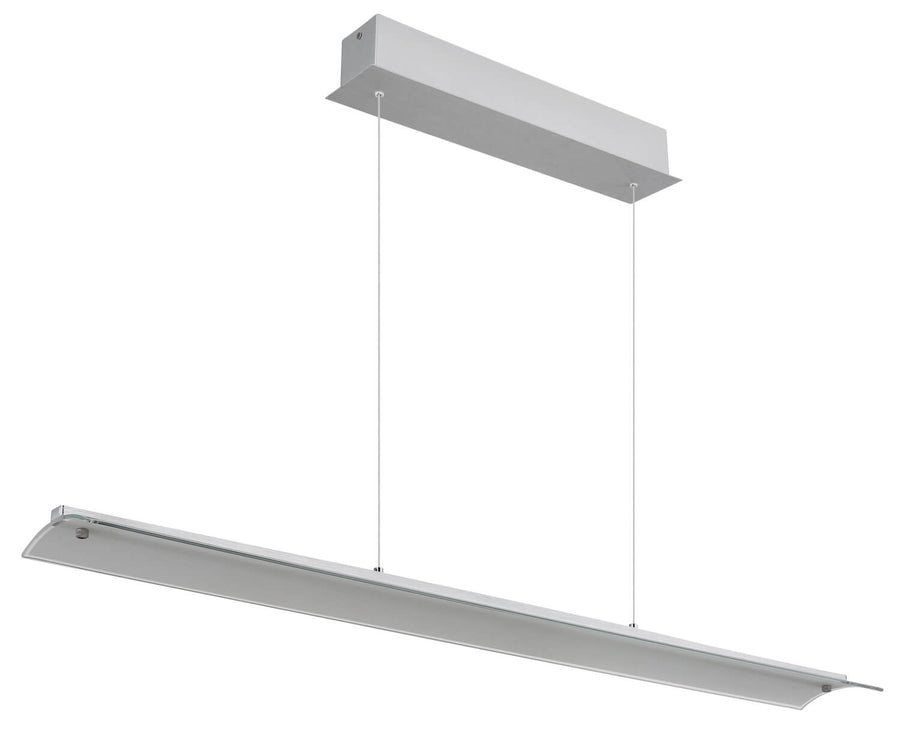 Vue de trois quarts du luminaire éteint, profil en aluminium et câbles fins