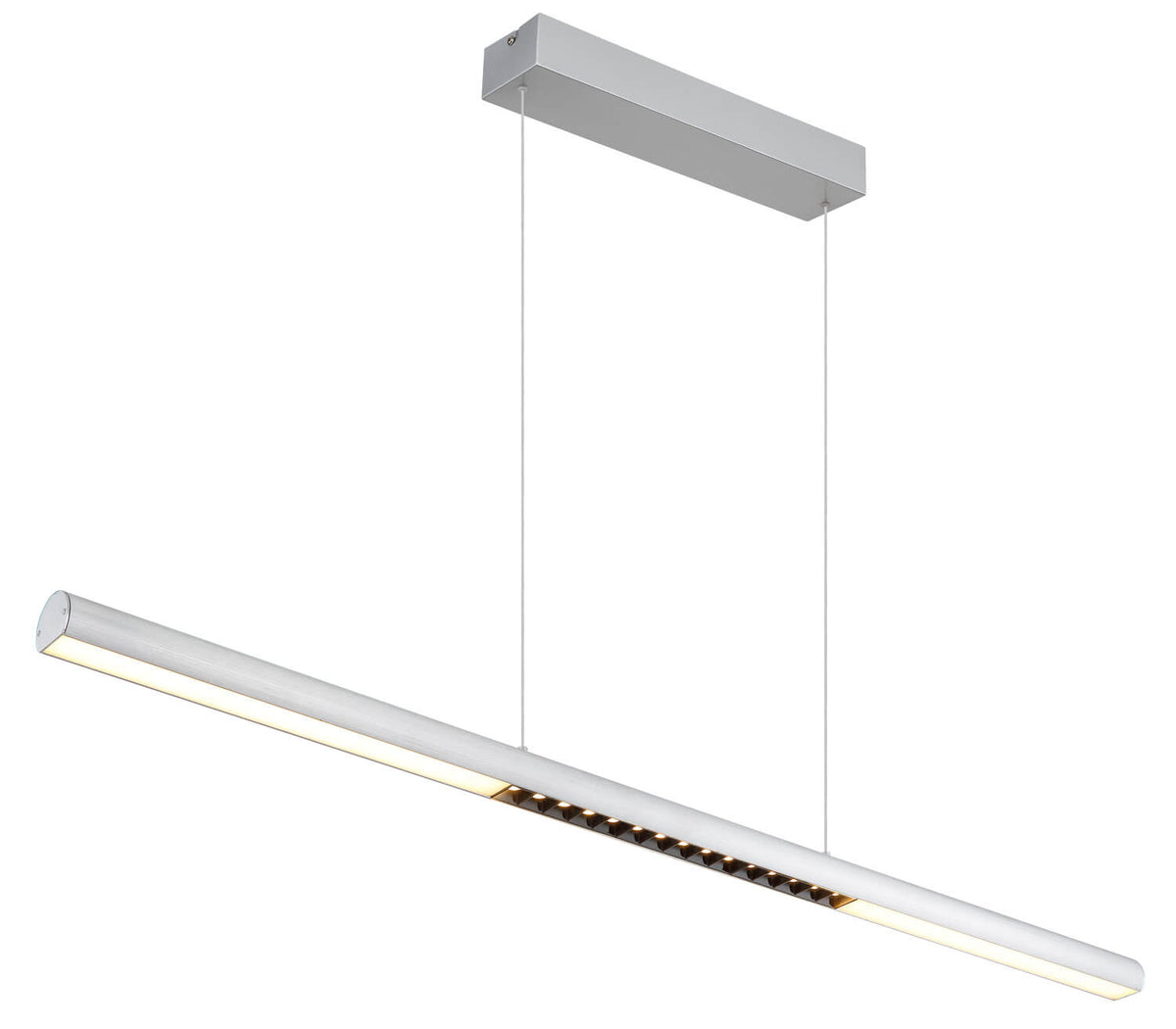 Suspension linéaire en aluminium vue de trois quarts, tube allumé sur fond blanc