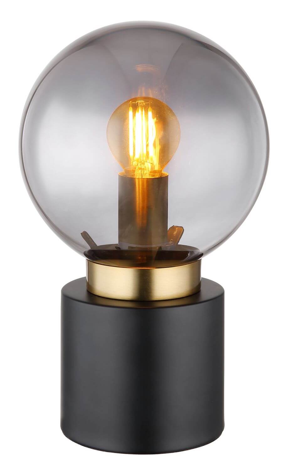 Vue rapprochée du globe en verre fumé et de la bague dorée sur socle noir.