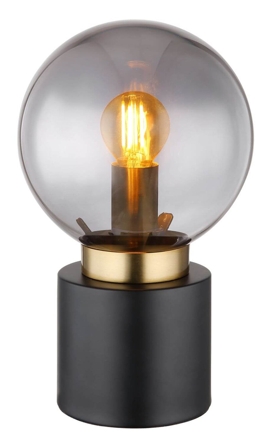 Vue rapprochée du globe en verre fumé et de la bague dorée sur socle noir.